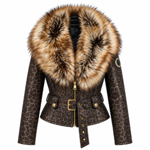Leopard Print Jacket with Fur Collar - Tuana Leather